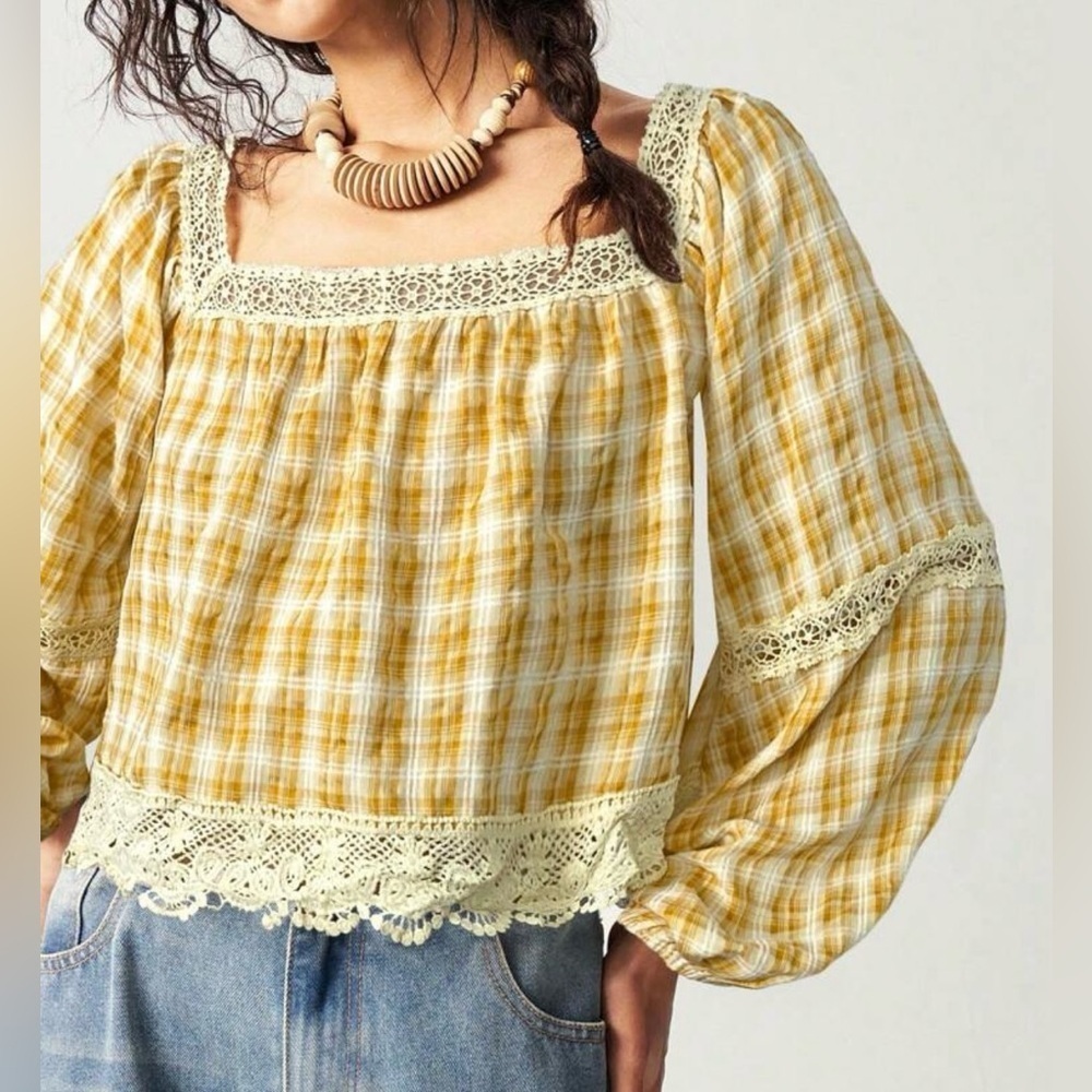 Yellow Plaid Women's Top with Lace Trim
